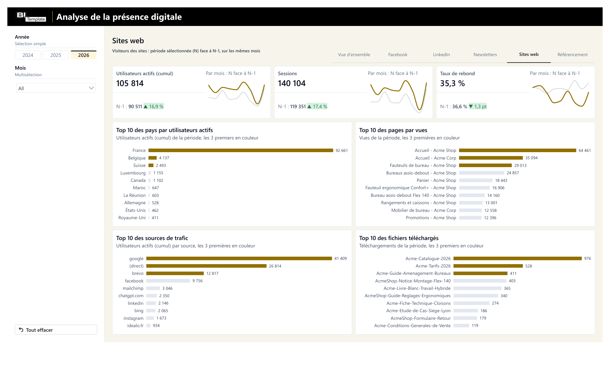 Page Sites web : utilisateurs actifs, sessions et taux de rebond face au N-1, avec leur courbe mois par mois ; top 10 des pays par utilisateurs actifs, des pages par vues, des sources de trafic et des fichiers téléchargés