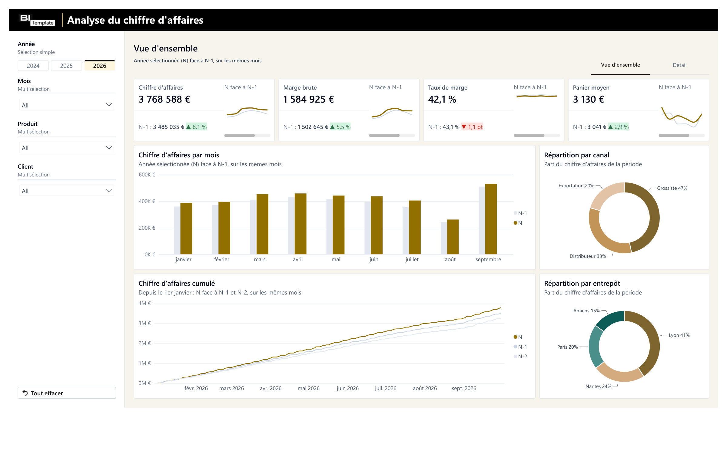 Après : la Vue d'ensemble de l'Analyse du Chiffre d'Affaires, avec le chiffre d'affaires, la marge brute, le taux de marge et le panier moyen face à N-1, le chiffre d'affaires par mois et cumulé, la répartition par canal et par entrepôt